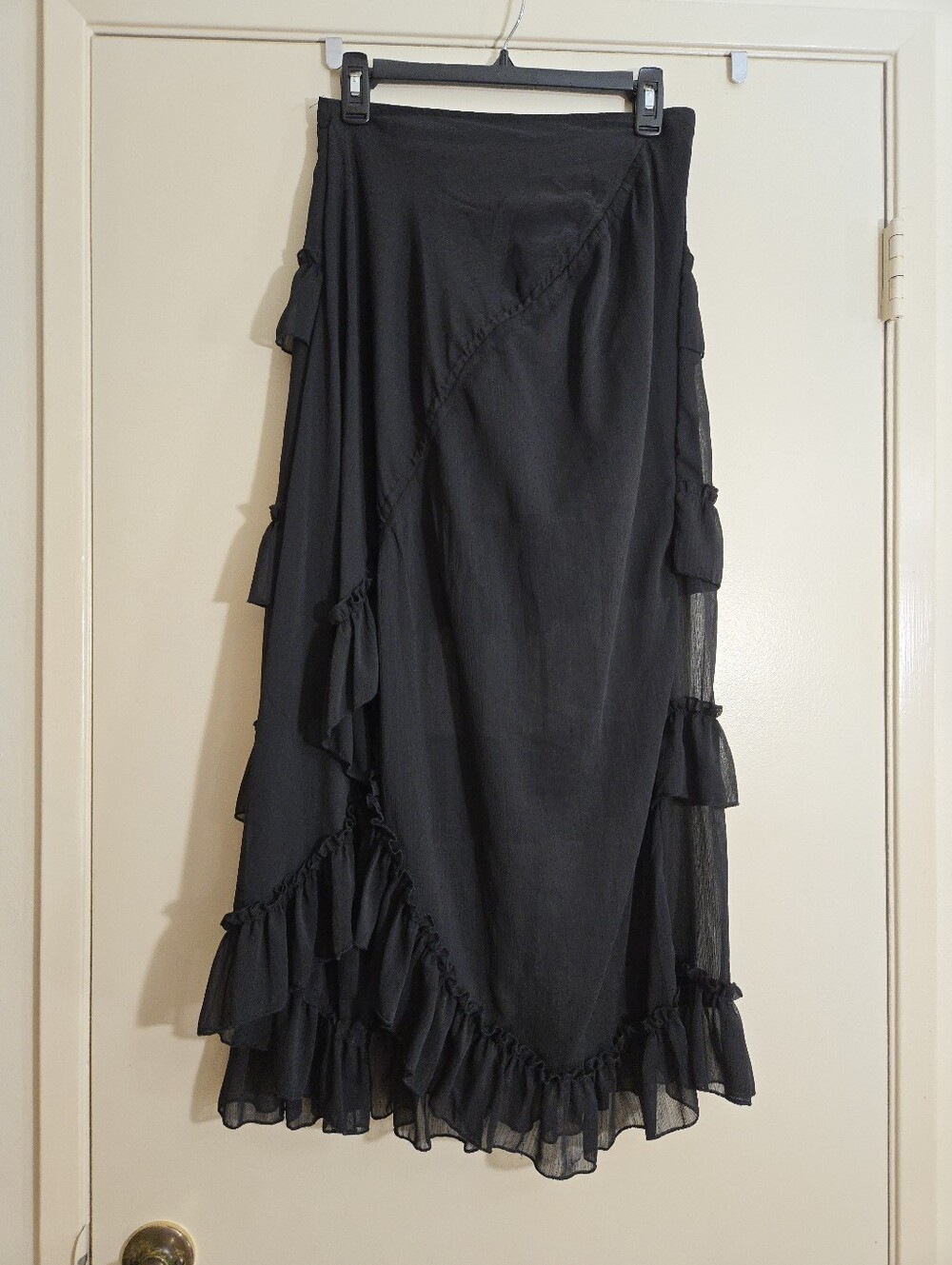 Cider Sheer Black Asymmetrical Ruffle-Trim Maxi Skirt